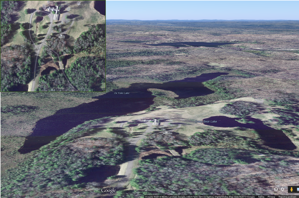 Updated 5/26/2014: This picture is a "tilted view" of Crazy Bear Lodge and its surroundings in 2014. The inset picture is an overhead view of that lodge, which is about two miles from the Big Lodge as the bird flies, and over three miles by car. Bill's Cabin is in those woods, unseen through the trees. It is reached by dirt trail, uphill from the lodge, or via the road and its own driveway. 