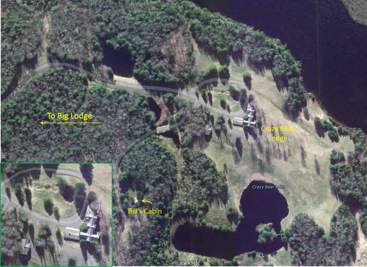 Updated 5/27/2014: Crazy Bear Lodge and surrounding area, 2014. The top of the picture is West. Bill's Cabin is estimated to be at about 46°18'57.07" N  89°16'47.24" W. 
