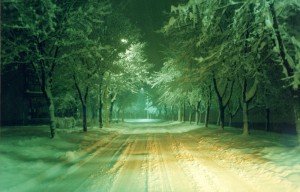 snowy road stock photo